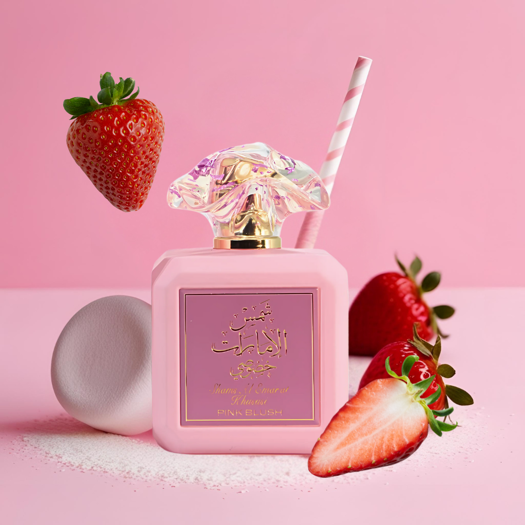 Pink Blush perfume bottle with strawberries and marshmallows